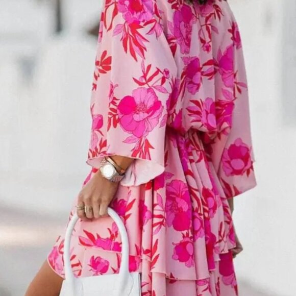 Boho Floral Ruffle Pink Mini Dress (SM) - Picture 3 of 8